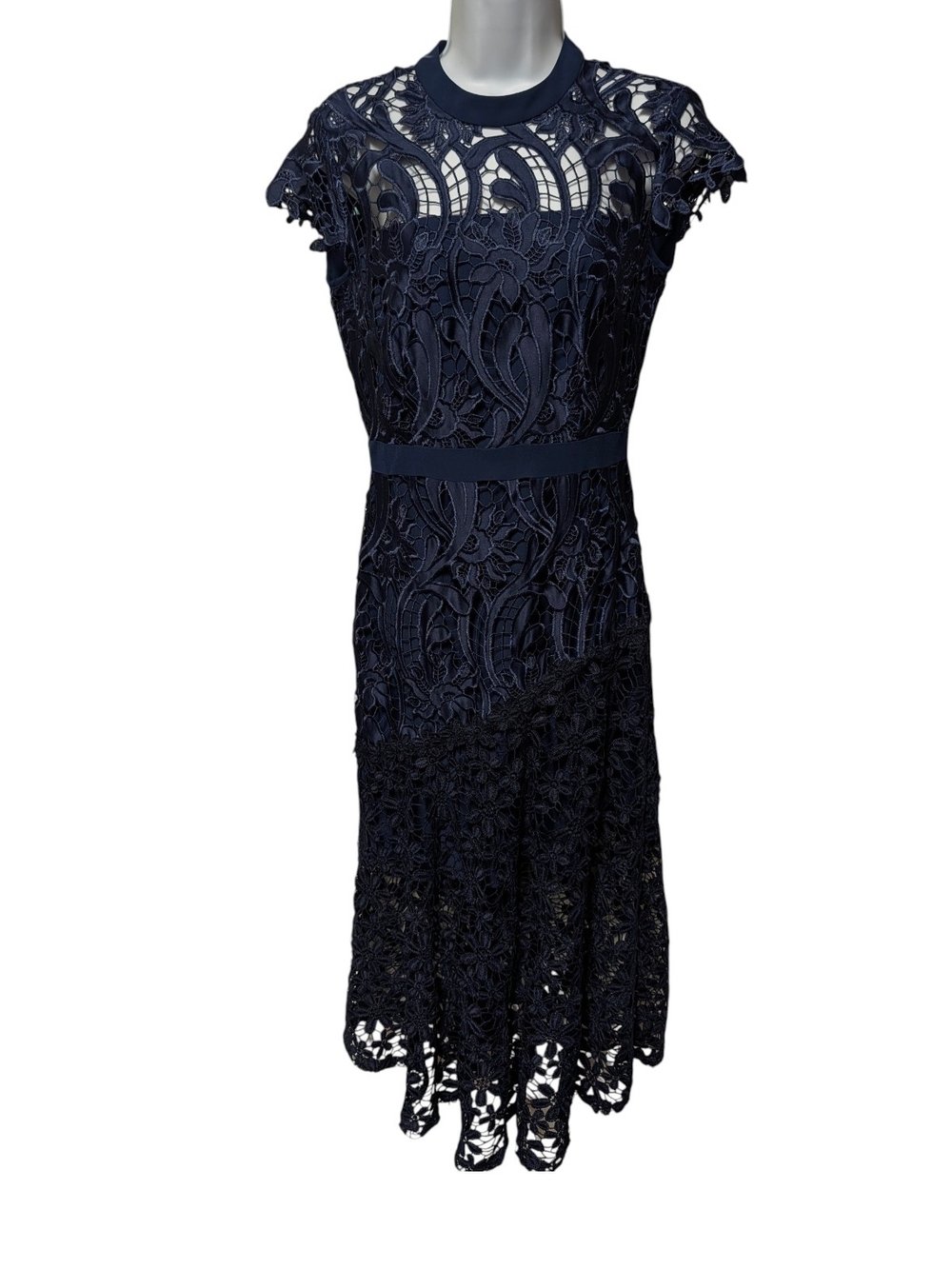 ANTONIO MELANI Navy Lace Midi Dress with Floral Cutwork Size 2